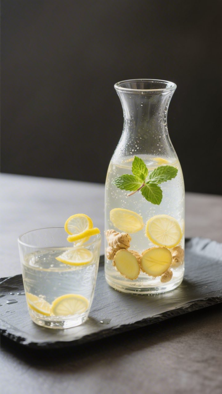 Final dish presentation: Restaurant-quality carafe-and-glass set on a matte slate tray, crystal-clea