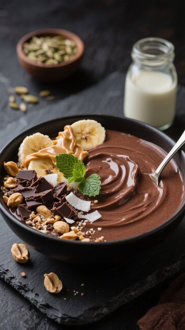 Final dish presentation: Restaurant-quality Chocolate Banana Smoothie Bowl plated thick and glossy,