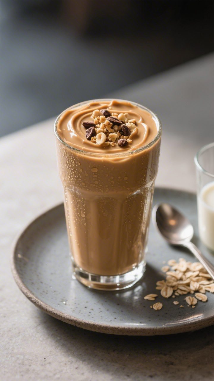 Final dish presentation: Restaurant-quality peanut butter banana variation poured into a single tall