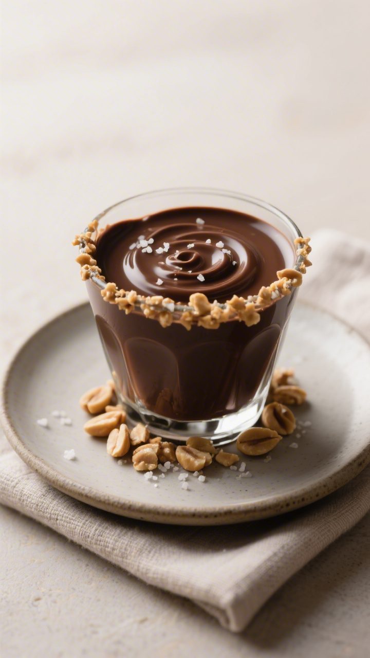 Final dish presentation: Restaurant-quality peanut butter cup variation served in a wide rocks glass
