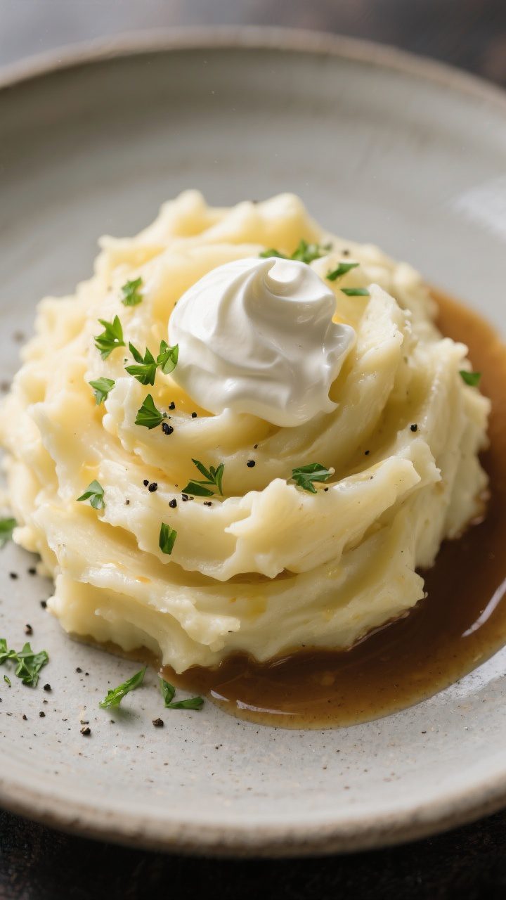 Final dish presentation: Restaurant-quality plate of mashed potatoes quenelled into soft peaks, fini