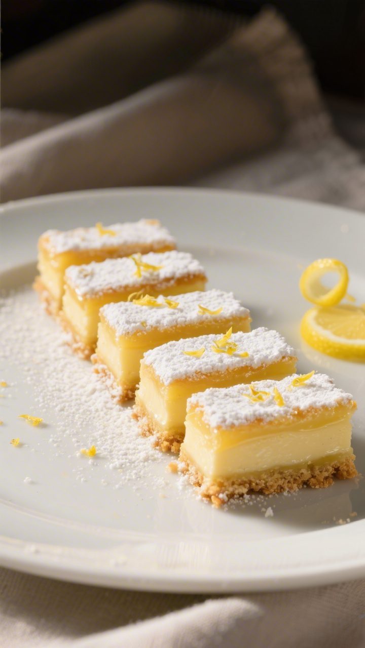 Final dish presentation: Restaurant-quality plate of neatly cut lemon bars arranged in staggered rec