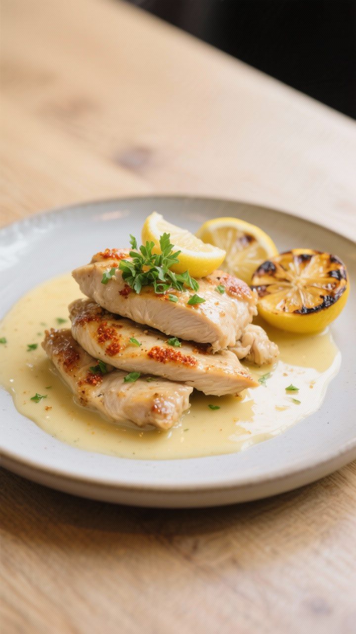 Final dish presentation: Restaurant-quality plate of Lemon Garlic Chicken with silky, lightly reduce