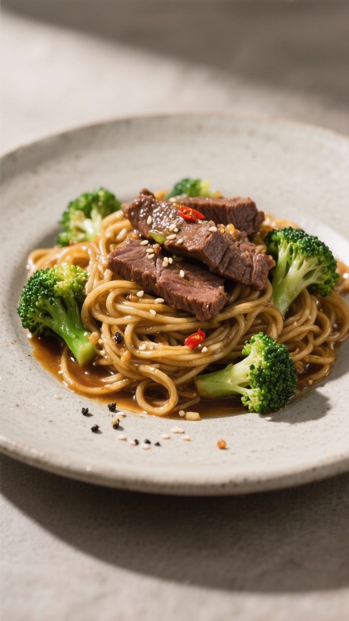 Final dish presentation: Restaurant-quality plate of beef and broccoli tossed with noodles, strands