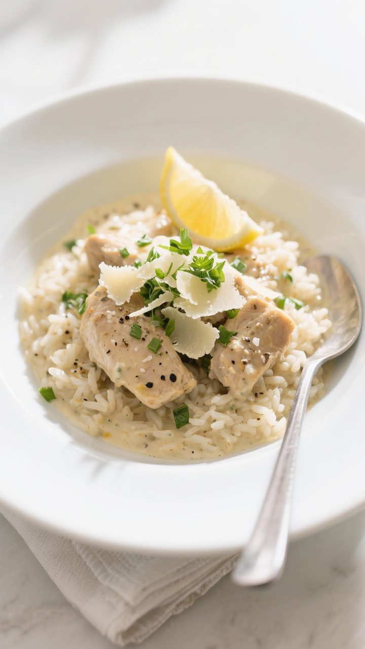 Final dish presentation: Restaurant-quality plated One-Pot Creamy Garlic Chicken and Rice served in
