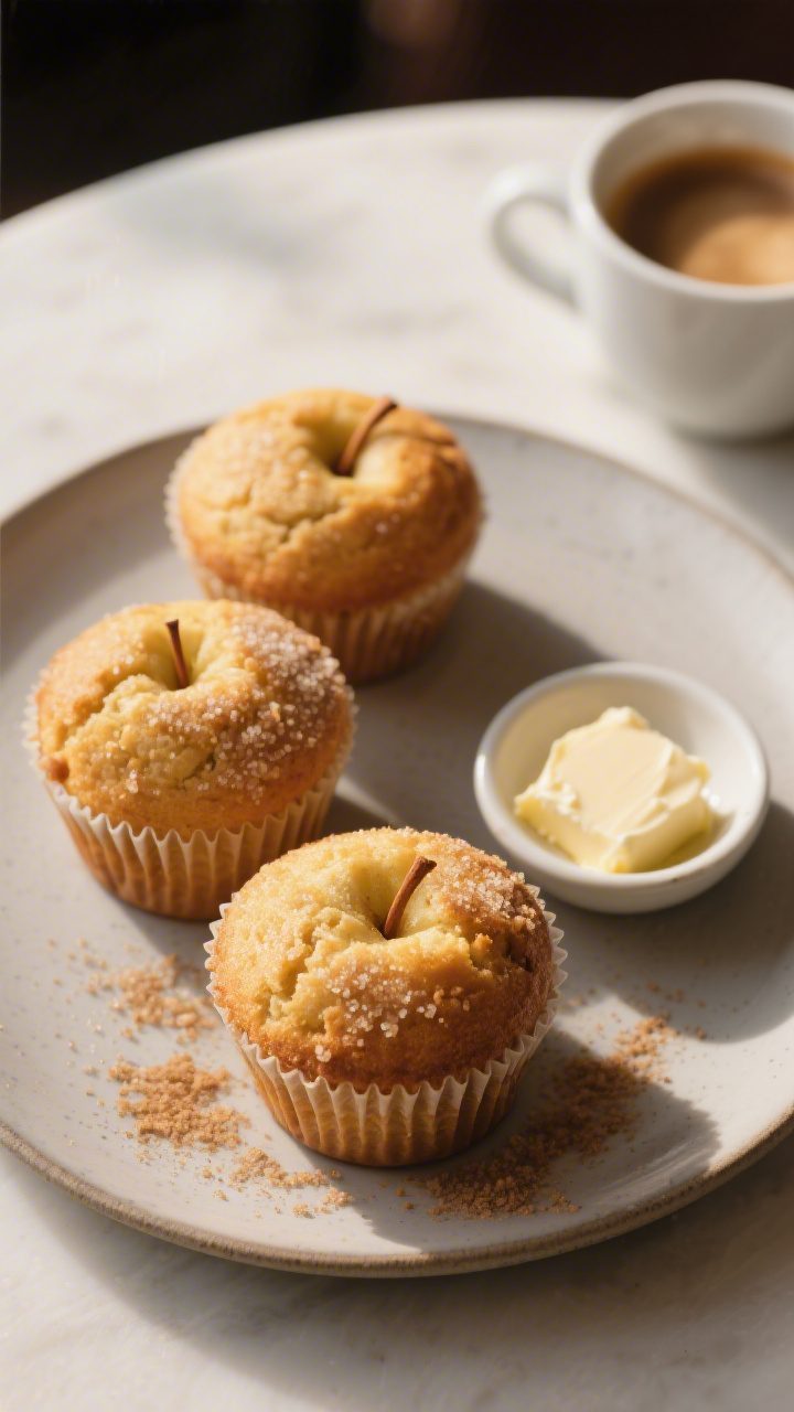 Final dish presentation: Restaurant-quality plated trio of golden-domed apple cinnamon muffins on a