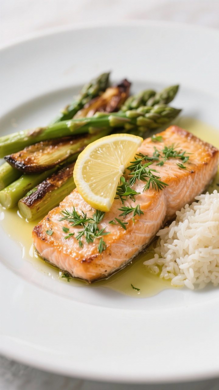 Final dish presentation: Restaurant-quality plated baked salmon with lemon and herbs on a matte whit