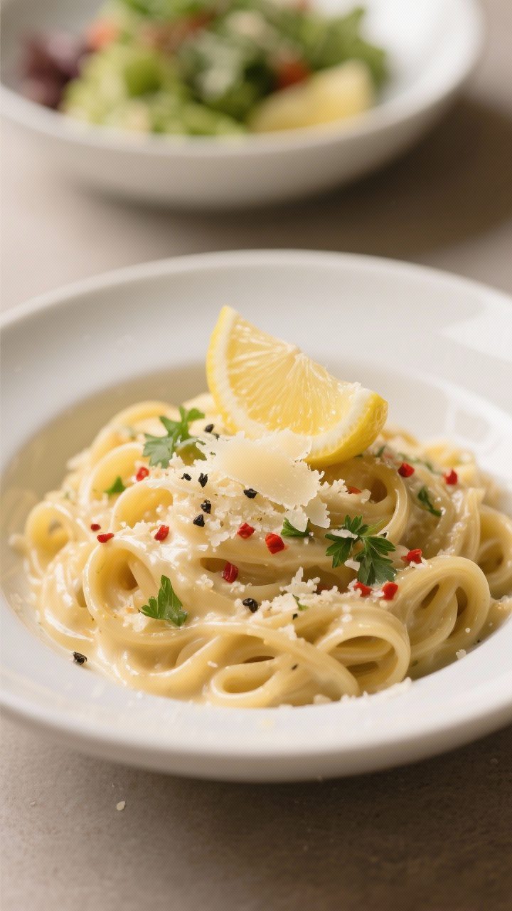 Final dish presentation: Restaurant-quality plating of One-Pot Creamy Parmesan Pasta in a shallow wh