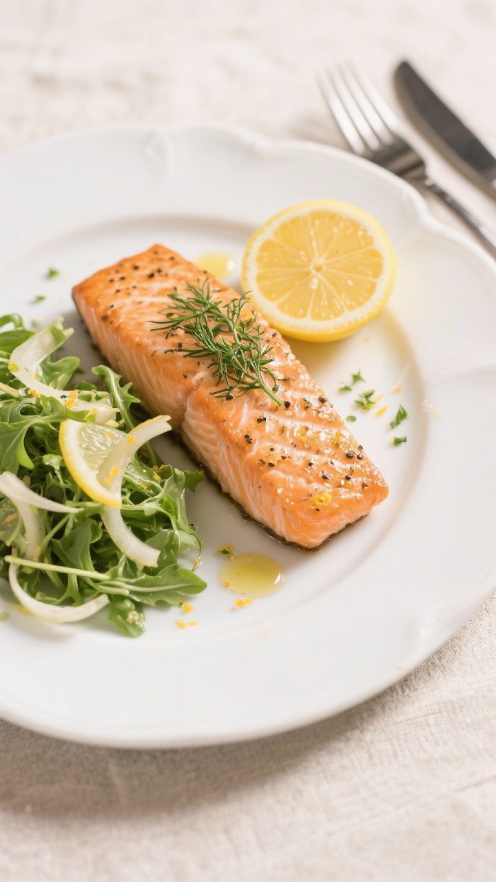 Final dish presentation: Restaurant-quality plating of lemon pepper salmon on a white ceramic plate