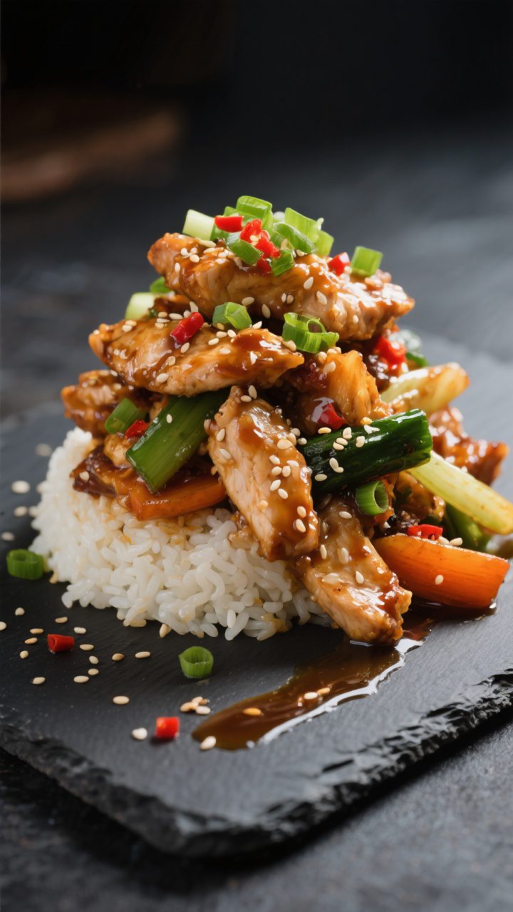 Final dish presentation: Restaurant-quality plating of the stir fry without rice — chicken and veg