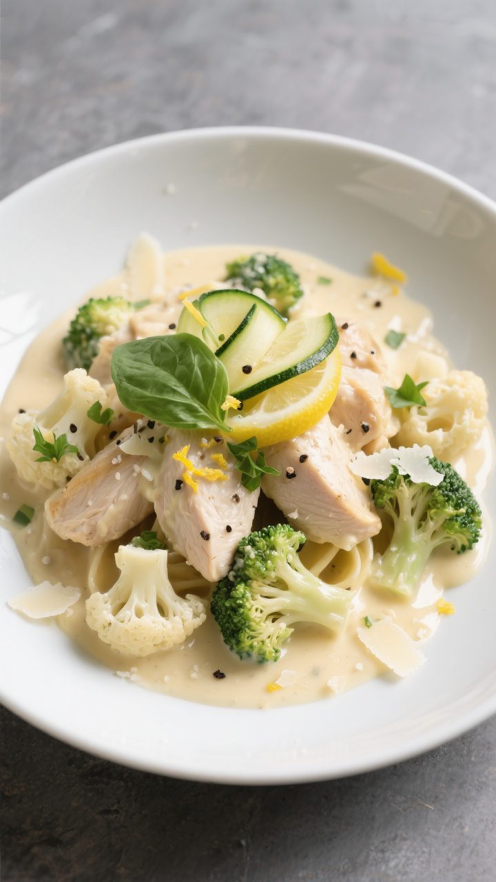 Final dish presentation: Restaurant-quality plating of Keto Chicken Alfredo (no pasta) arranged in a