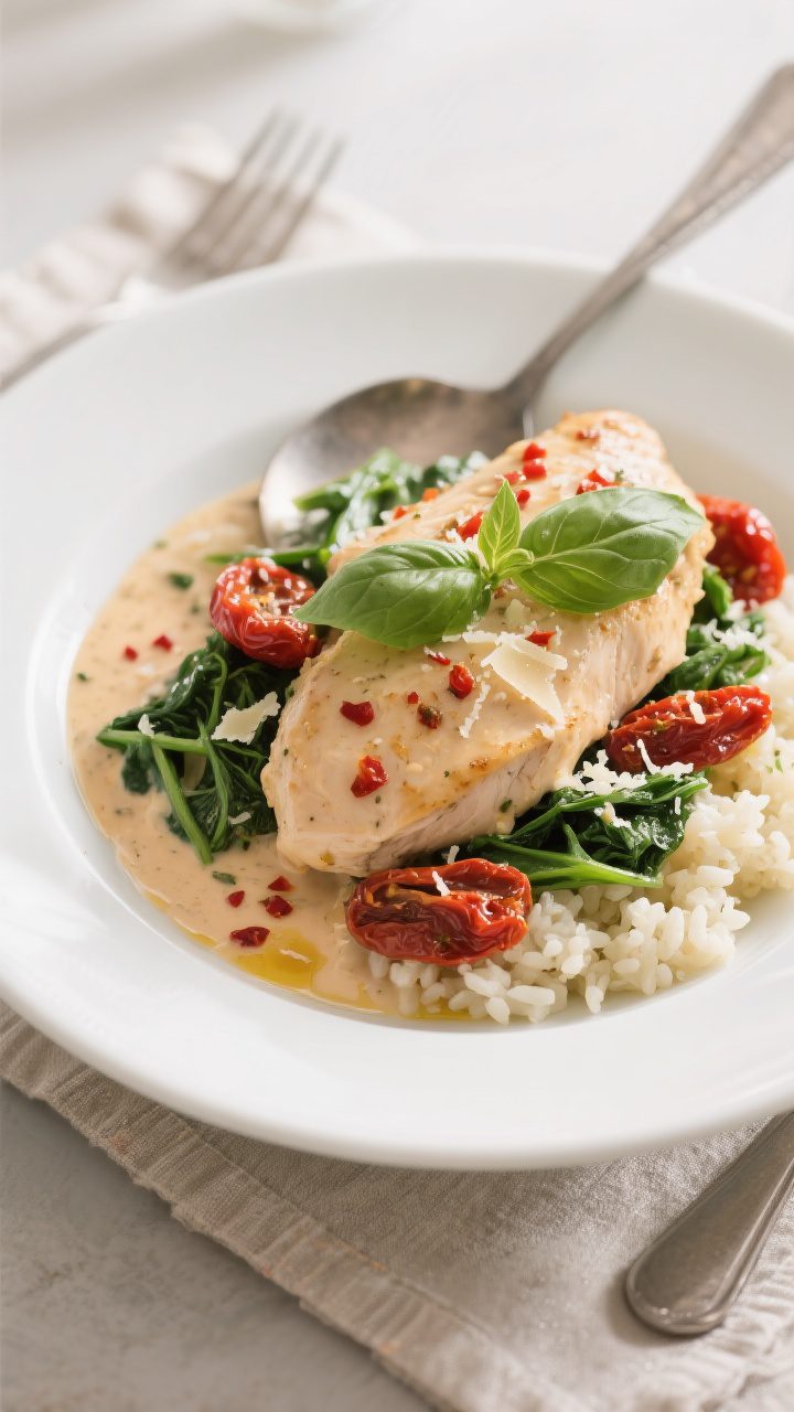 Final dish presentation: Restaurant-quality plating of Keto Creamy Tuscan Chicken over cauliflower r