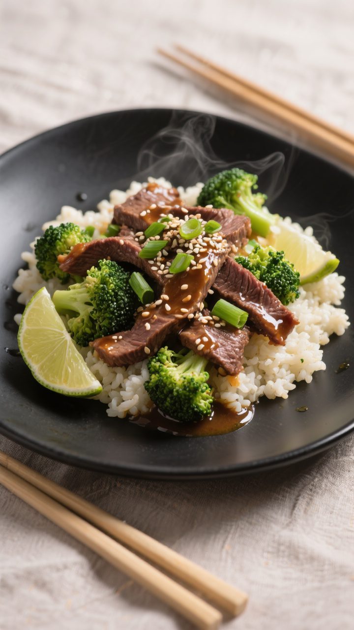 Final dish presentation: Restaurant-quality plating of Low-Carb Beef and Broccoli over a fluffy bed