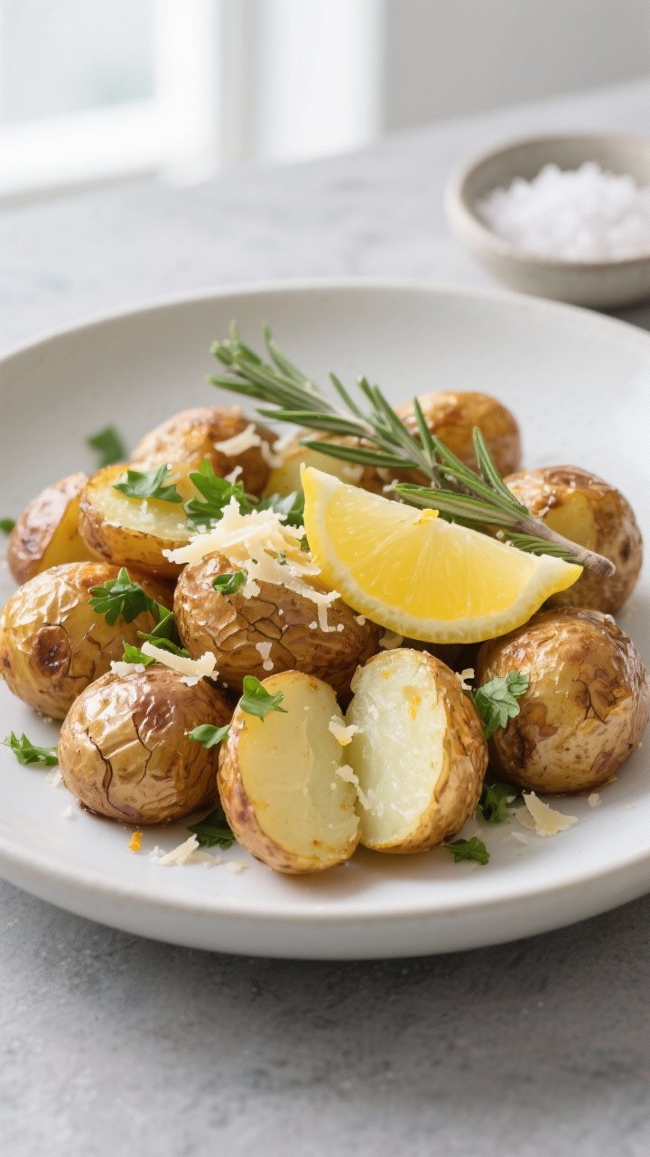 Final dish presentation: Restaurant-quality plating of crispy baby potatoes tossed with fresh parsle