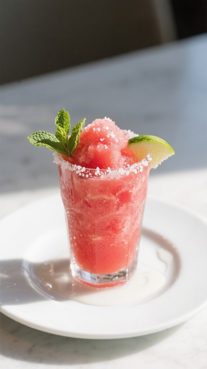 Final dish presentation: Restaurant-quality pour of watermelon slushie into a chilled highball glass