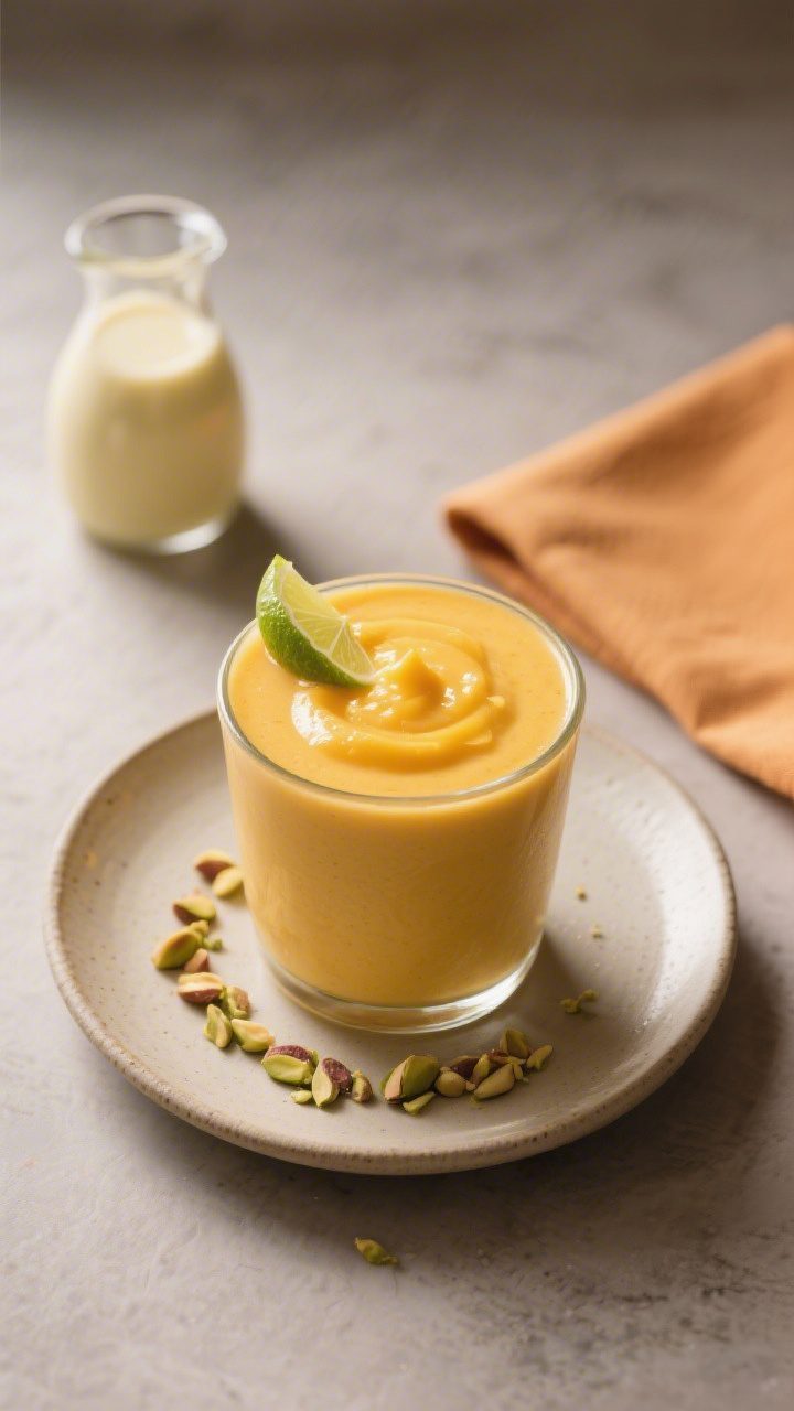 Final dish presentation: Restaurant-quality scene of a thick, dessert-like mango lassi served in a s