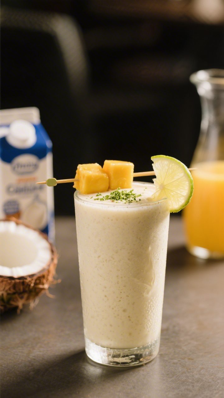 Final dish presentation: Restaurant-quality scene of a single smoothie served in a tall, frosty glas