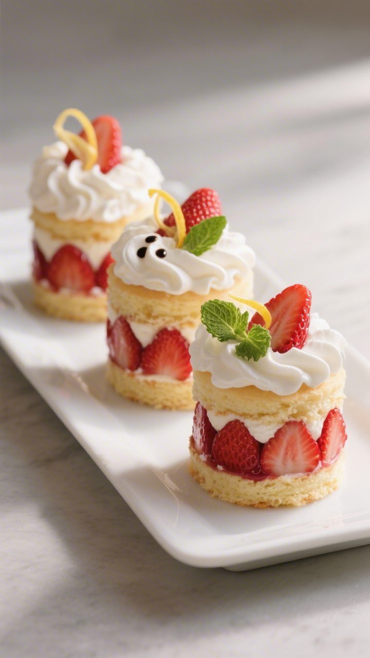 Final dish presentation: Restaurant-quality trio of finished strawberry shortcake dessert cups arran
