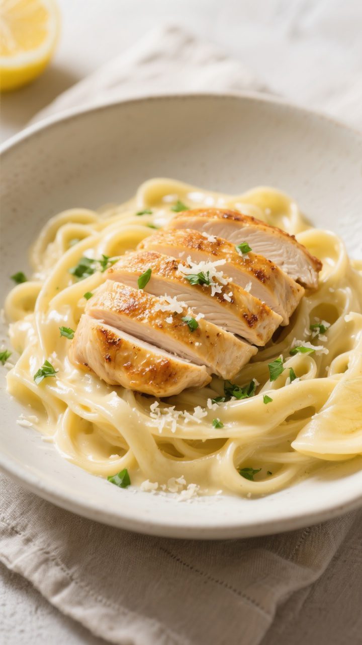 Final dish presentation: Sliced, golden pan-seared chicken breast fanned over a bed of glossy fettuc