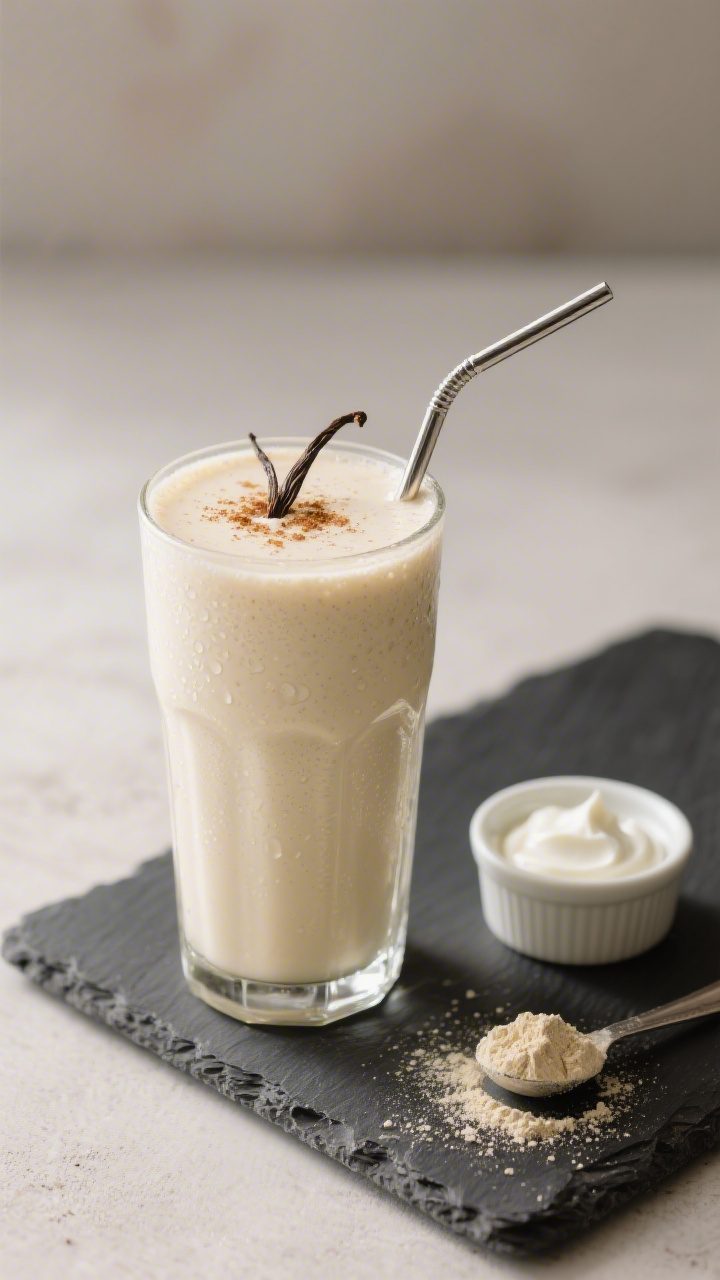 Final dish presentation: Tall, frosty vanilla protein smoothie poured into a chilled glass with silk