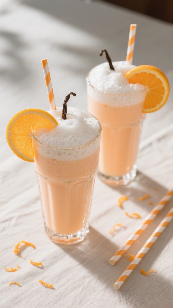 Final dish presentation: Tasty of two Orange Julius servings in vintage soda fountain glasses with t