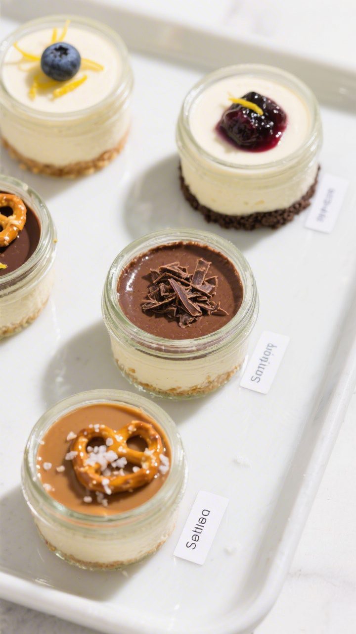 Final dish presentation: Tasty top-view of an assortment of finished mini cheesecake jars styled thr
