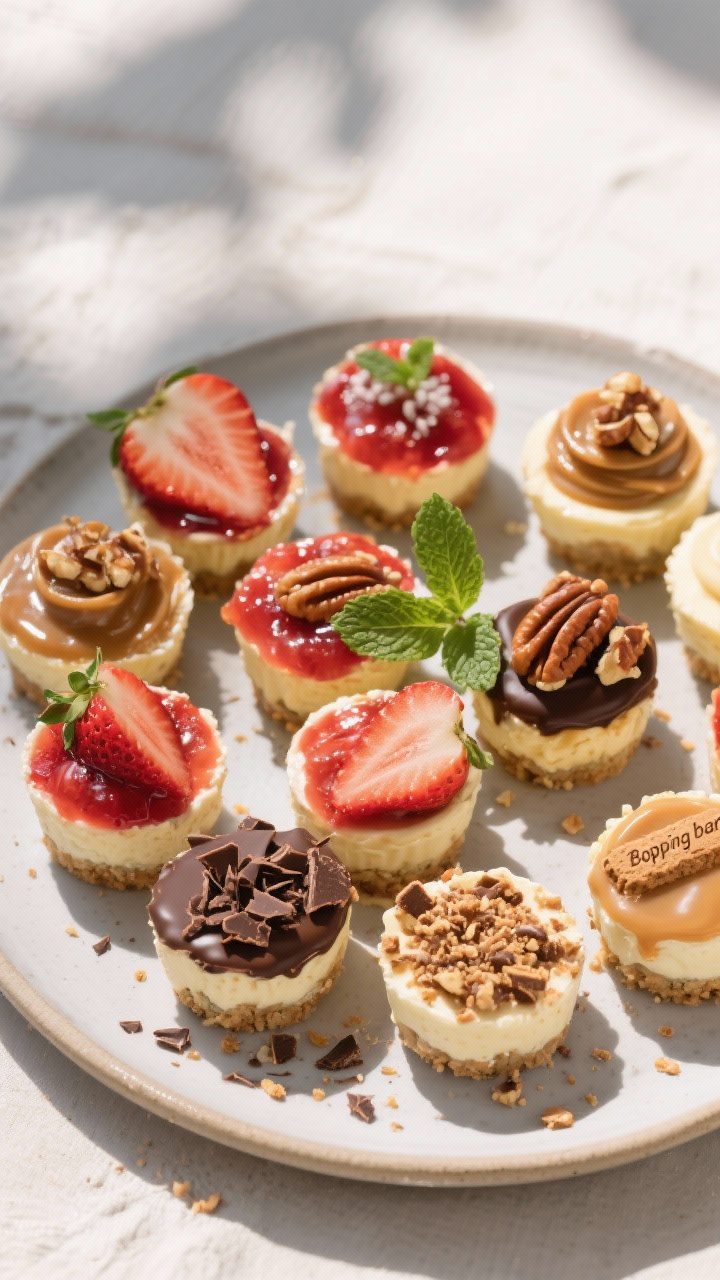 Final dish presentation: Tasty top view of assorted finished no-bake cheesecake cups arranged on a r