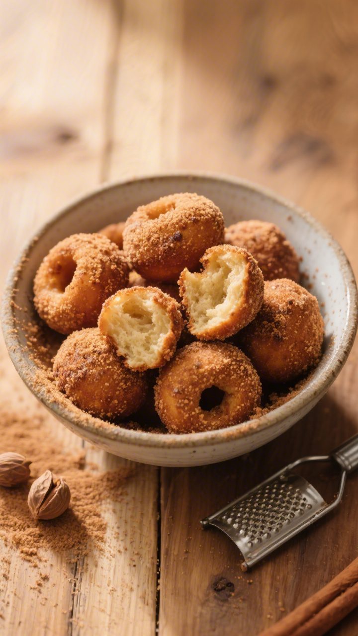 Final dish presentation (top-down): Overhead shot of a heaping ceramic bowl of finished baked cinnam