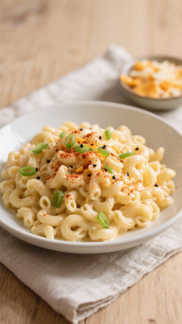 Final dish presentation (top-down): Overhead shot of a bowl of stovetop mac and cheese—ultra-cream