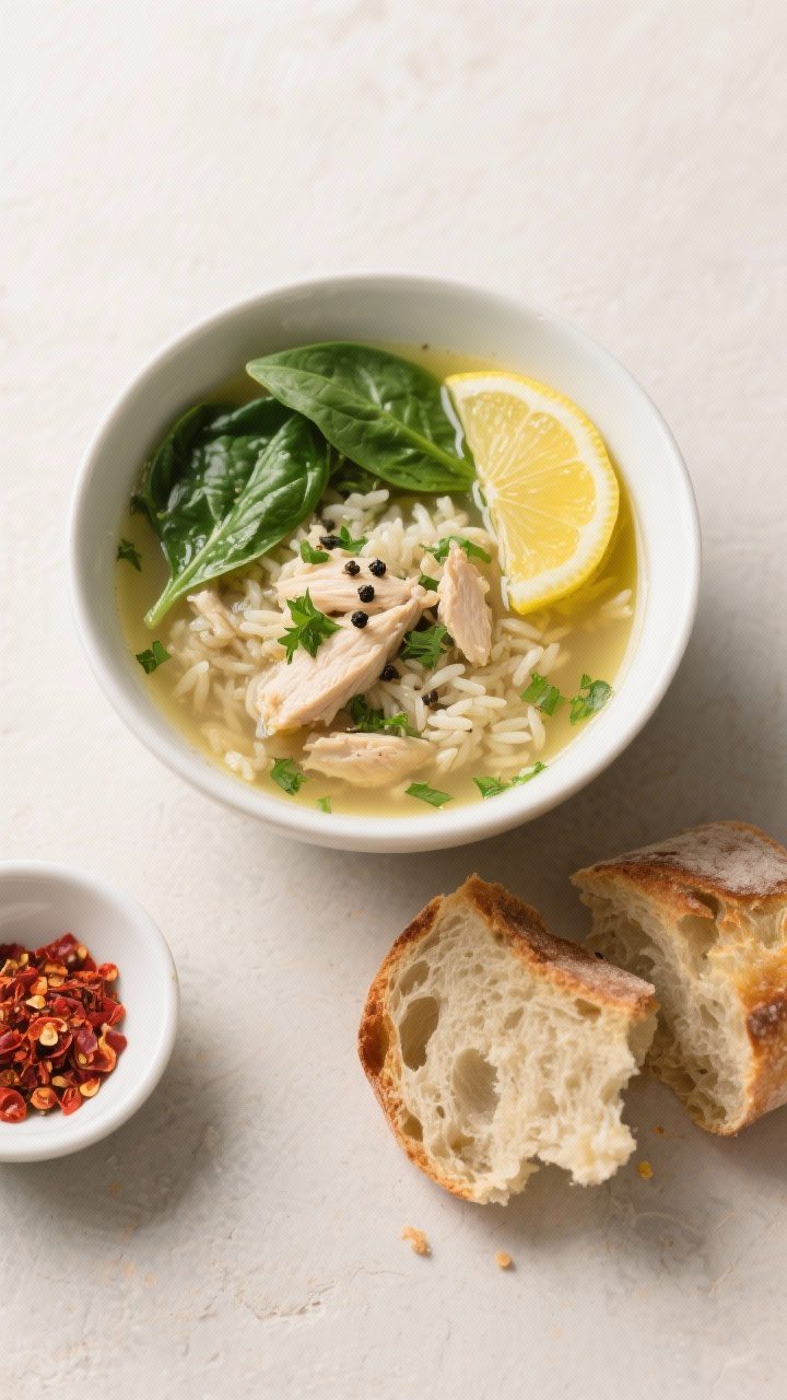 Final dish presentation, top view: Bowl of Chicken and Rice Soup styled for serving, overhead shot o