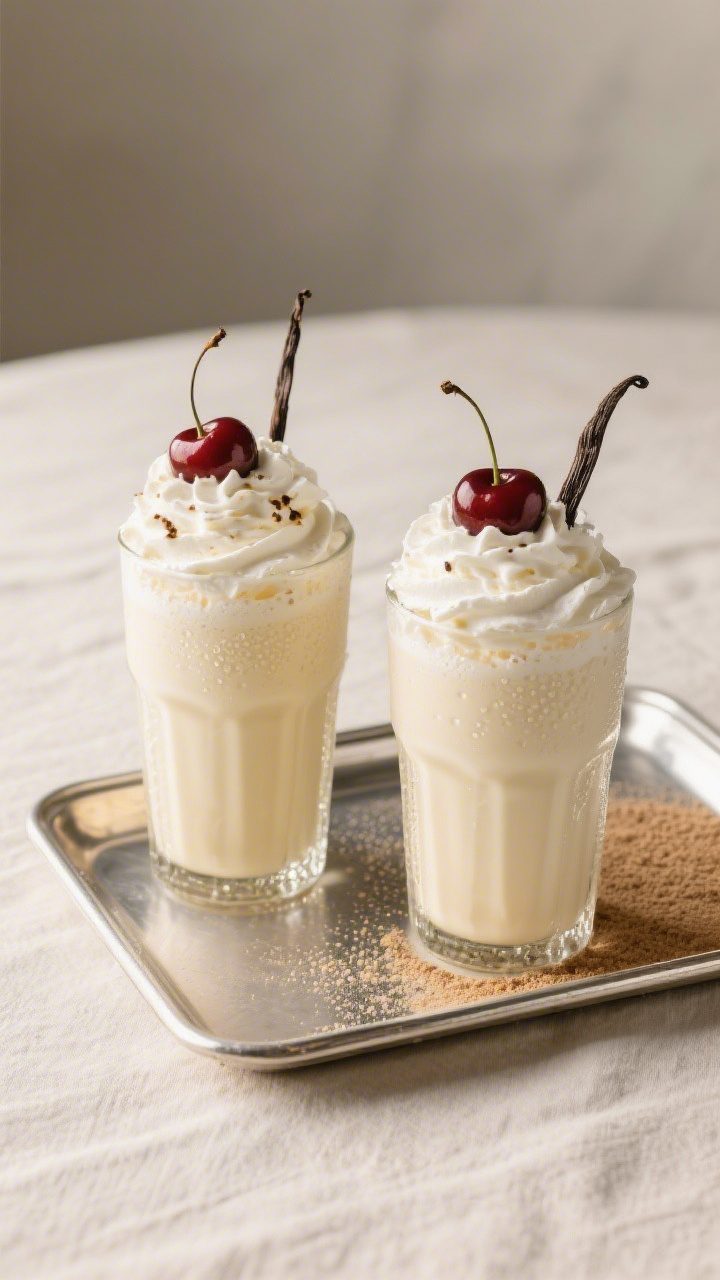Final dish presentation: Two perfectly thick vanilla milkshakes side by side on a chilled metal tray