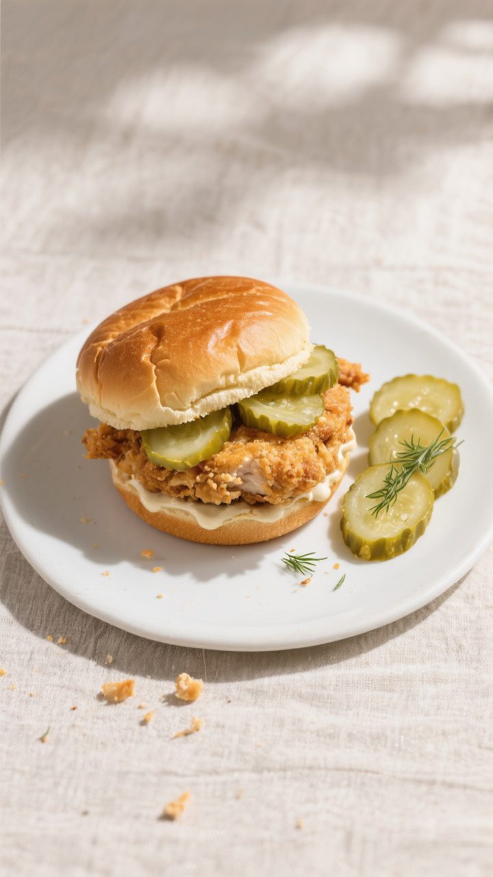Final dish, tasty top view: Overhead shot of a Copycat Chick-fil-A style chicken sandwich on a softl