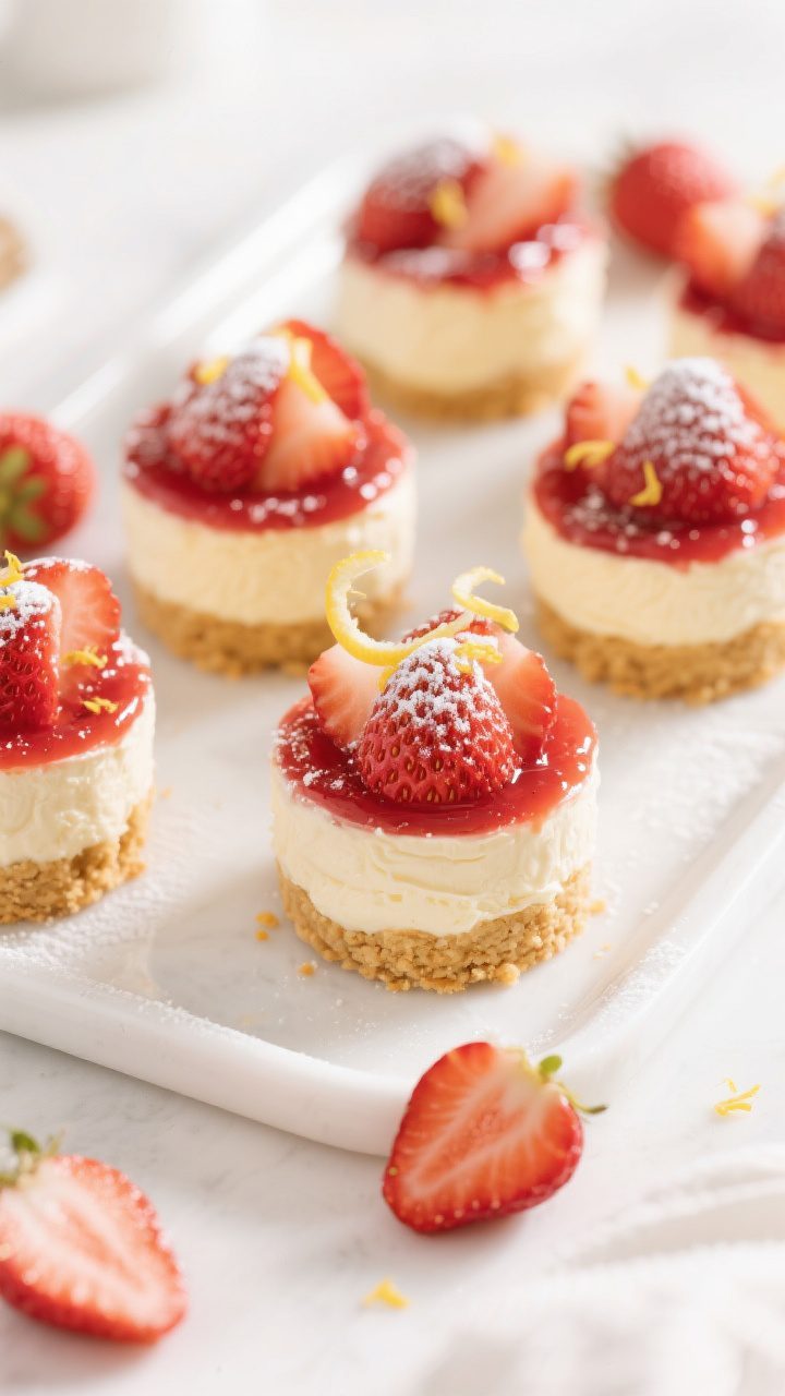 Final dish, tasty top view: Overhead shot of No-Bake Strawberry Cheesecake Cups fully assembled—ne