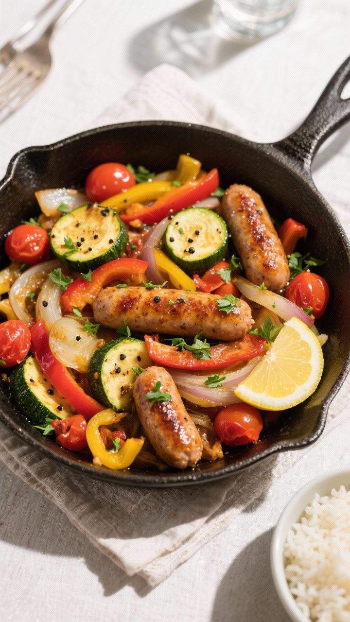 Final dish, tasty top view: Overhead shot of the One-Pot Sausage and Veggie Skillet, vibrant medley