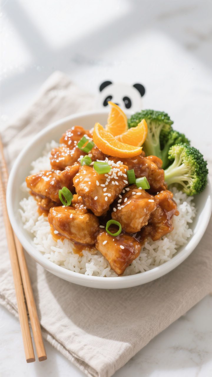 Final dish, top-down: Overhead shot of Panda-style orange chicken piled high in a shallow white bowl