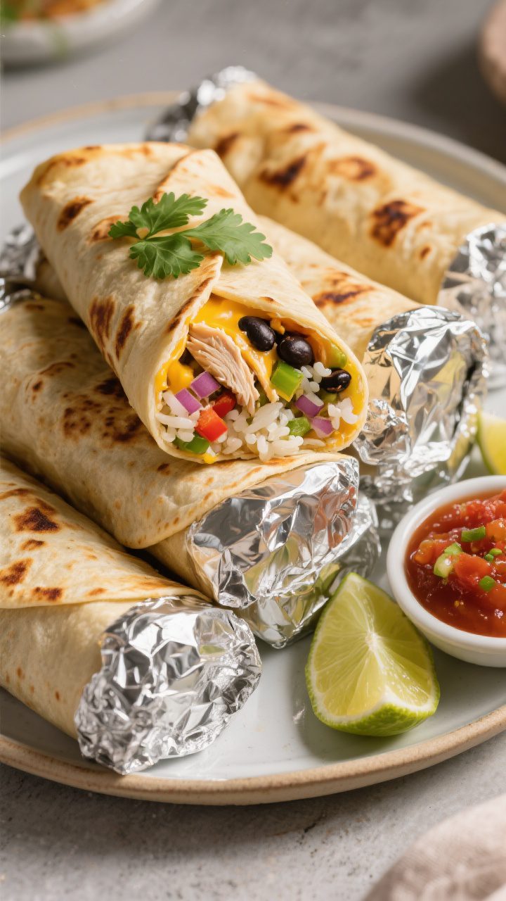 Final dish, top view: A platter of golden, oven-warmed freezer burritos still in foil sleeves partia
