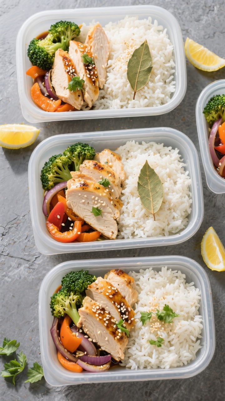 Final dish top view: Overhead shot of assembled chicken meal prep bowls—fluffy jasmine rice fluffe