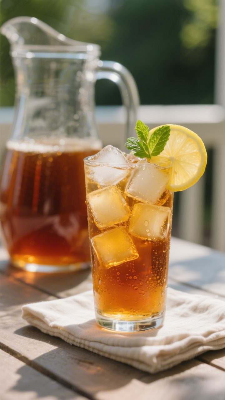 Final drink beauty shot: Southern sweet tea poured over a tall glass packed with frosty ice cubes, c