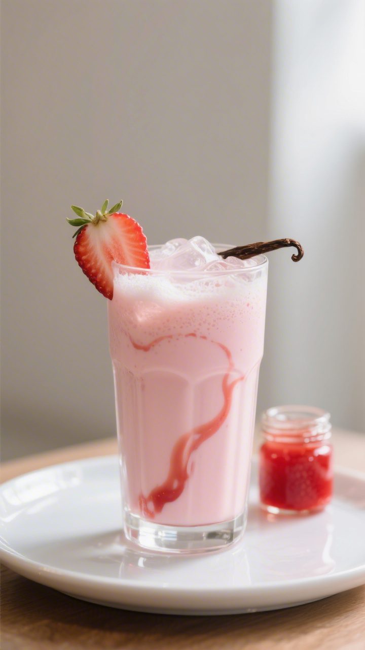 Final drink beauty shot: Tall clear glass of homemade strawberry milk over ice, fully chilled and pa