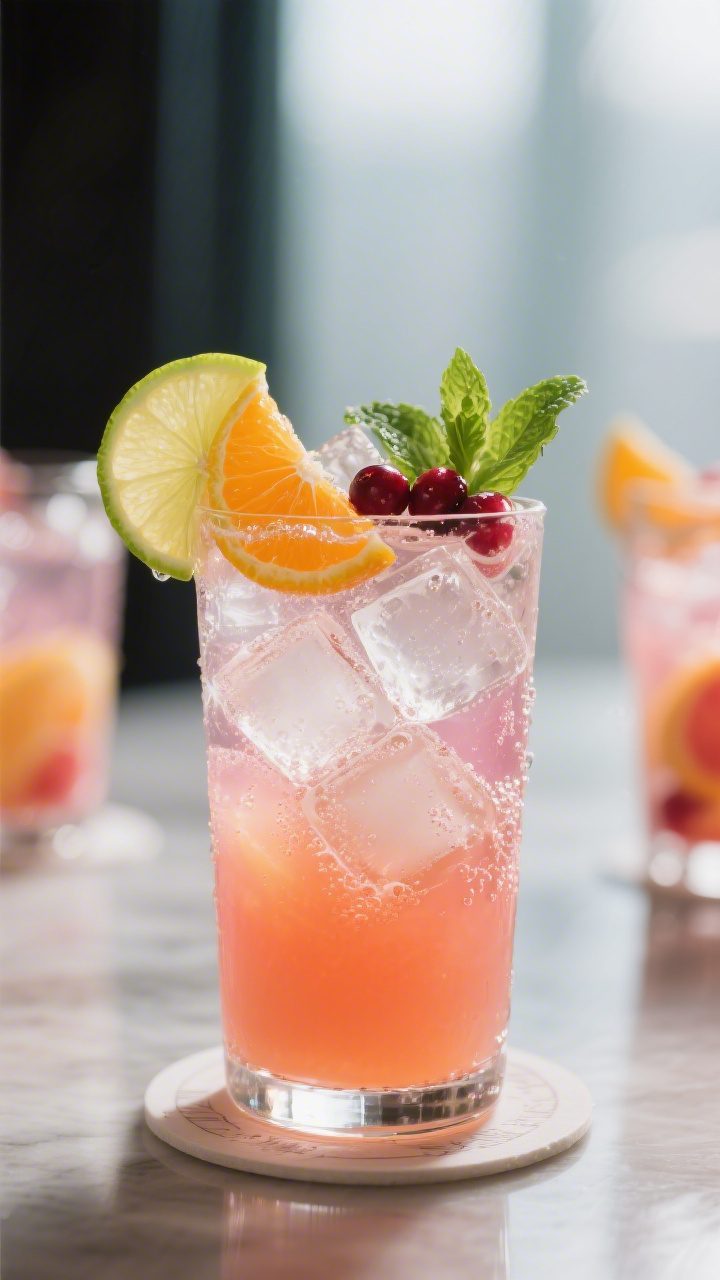 Final drink presentation: Restaurant-quality glass of finished fruit punch on a small coaster—clea