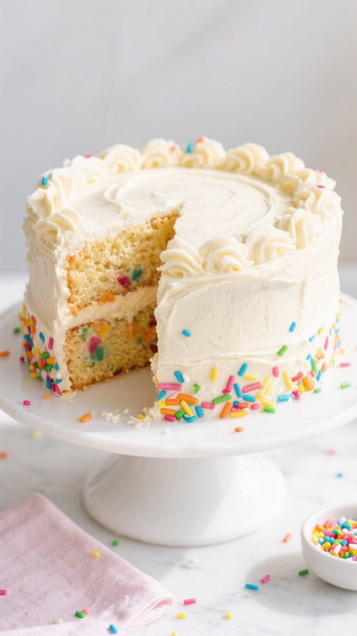 Final layer cake beauty shot: A fully frosted two-layer Funfetti cake on a simple white cake stand,