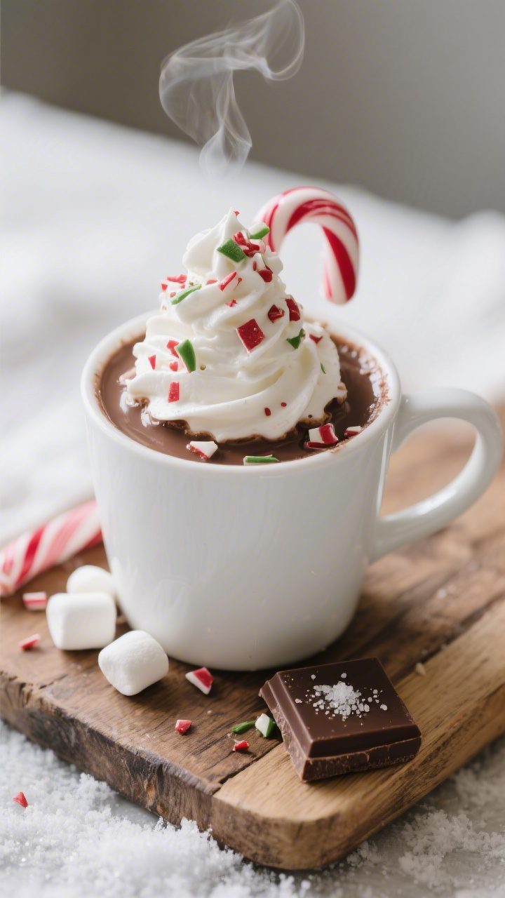 Final mug presentation: Café-style peppermint hot chocolate poured into a white ceramic mug on a ru