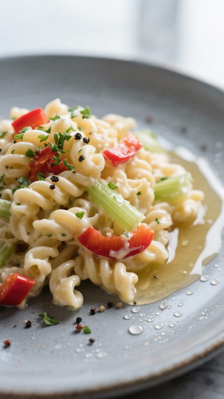 Final plated beauty: Restaurant-quality presentation of a generous scoop of classic macaroni salad o