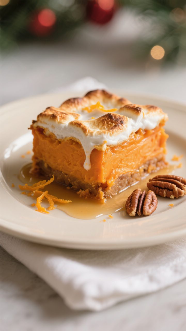 Final plated beauty shot: A generous square of sweet potato casserole with a glossy, creamy orange i