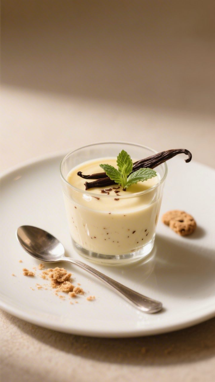 Final plated beauty shot: Elegant vanilla bean pudding cup served in a small clear tumbler to showca