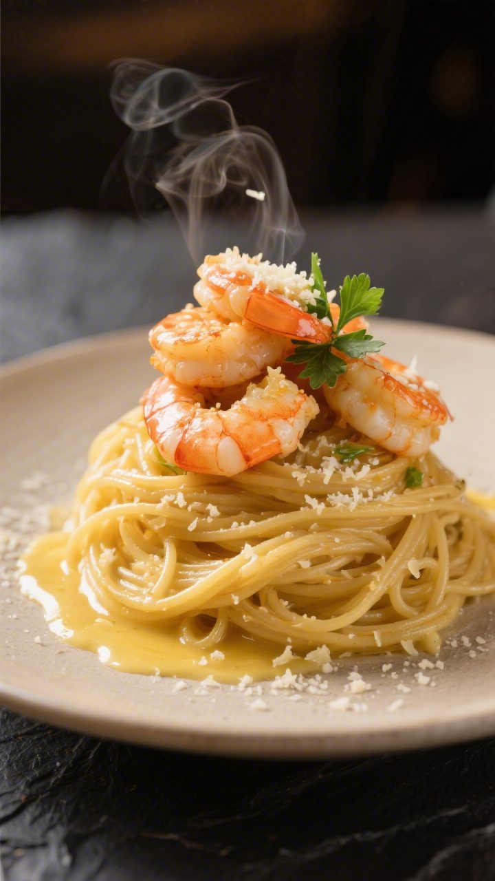 Final plated beauty shot (restaurant style): Close-up three-quarter angle of shrimp scampi with spag