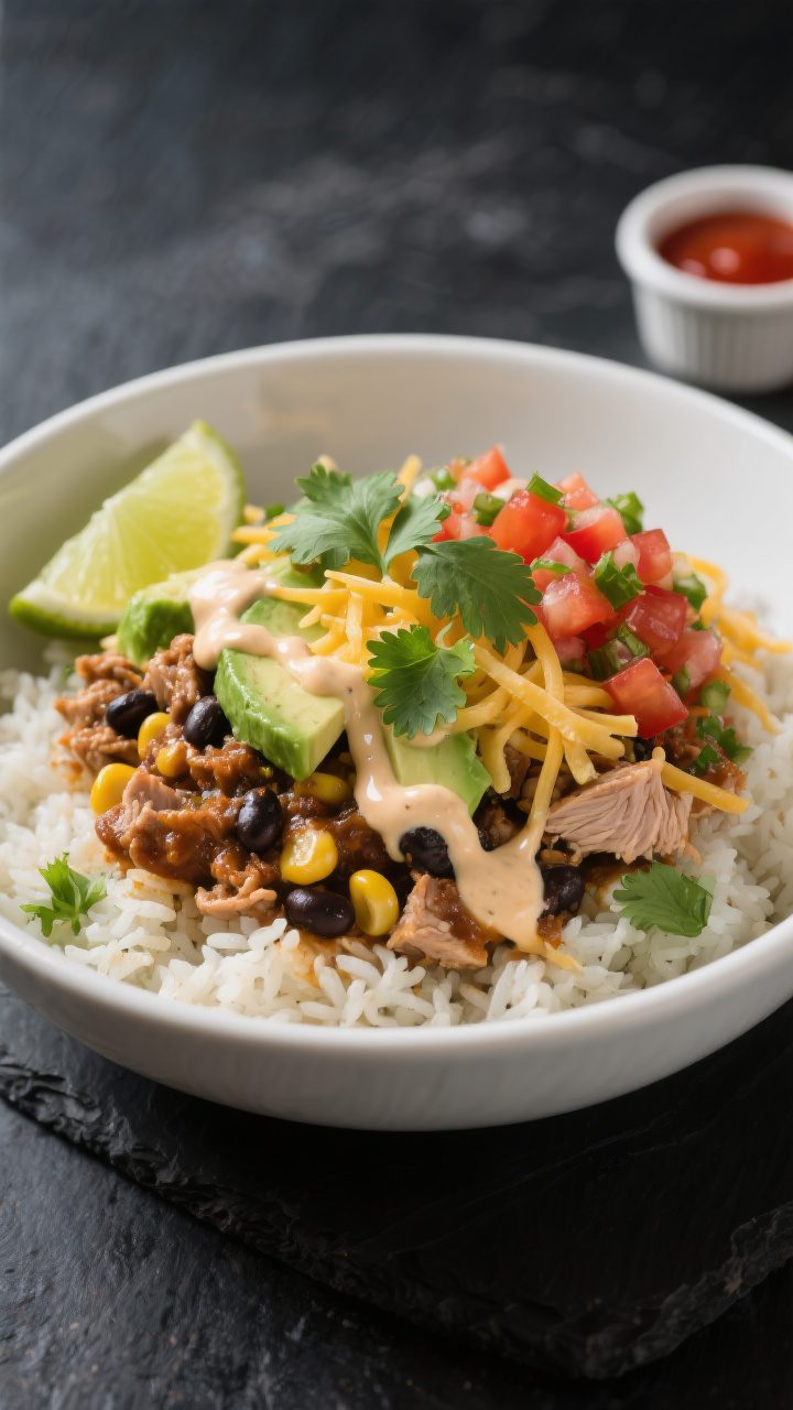 Final plated bowl, restaurant-quality presentation: Beautifully plated Turkey Taco Bowl in a wide wh