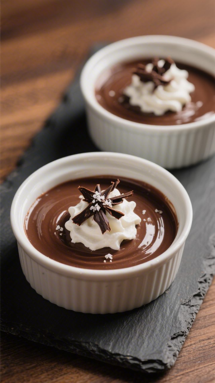 Final plated dessert beauty: Warm, freshly finished creamy chocolate pudding poured into matte white