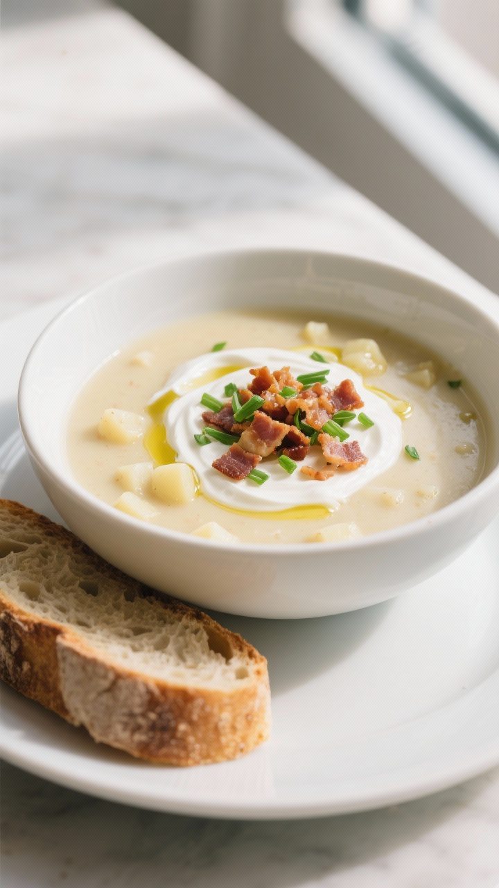 Final plated dish: A cozy bowl of creamy potato soup plated in a wide, white ceramic bowl, topped wi