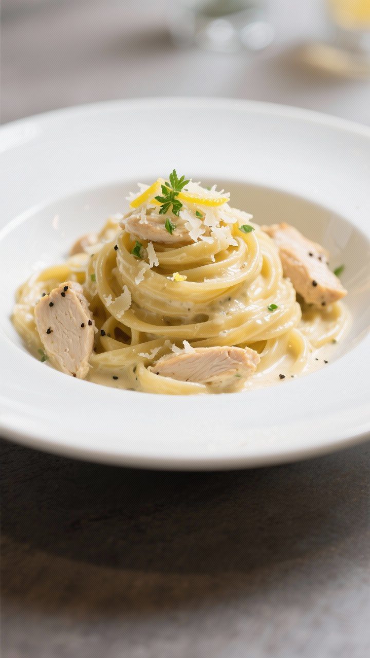 Final plated dish: Beautifully plated Creamy Garlic Chicken Pasta twirled into a high nest on a wide